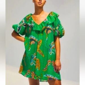 H&M Butterfly Ruffle Neck Dress Puff Sleeve Green